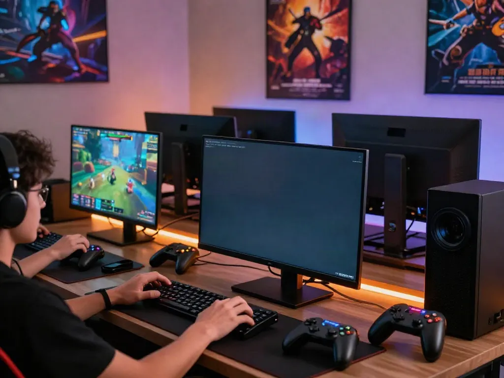 Pemain menggunakan QQGOBET dalam suasana gaming modern dengan aksesori berlimpah.
