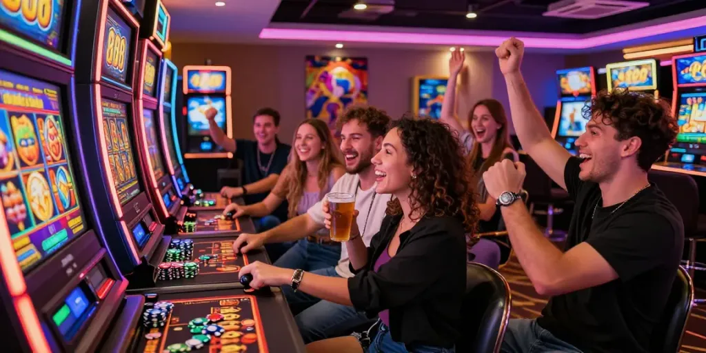 Exciting slot88 gaming scene in a vibrant casino with players celebrating wins.