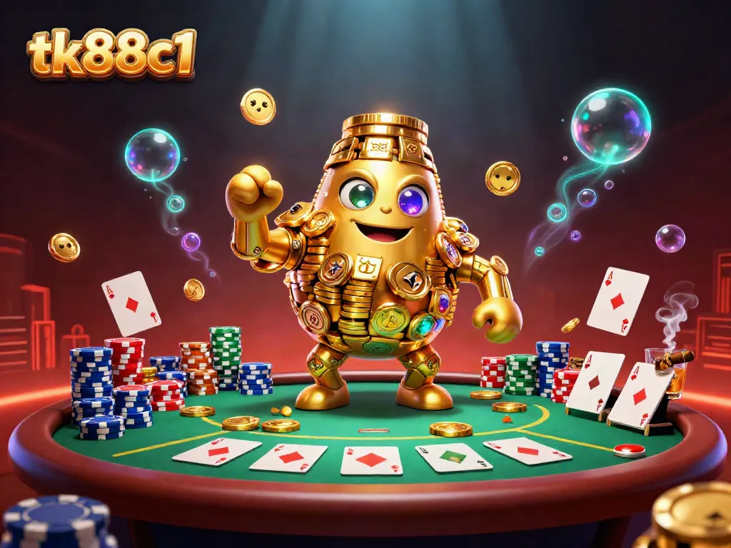 Play slots with excitement at tk88c1 featuring a golden golem amidst poker chips and vibrant casino elements.