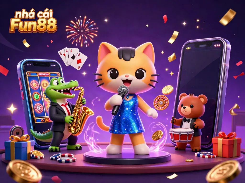 Engage with your favorite games at nhà cái Fun88 as colorful slot games and characters entertain in a vibrant casino scene.