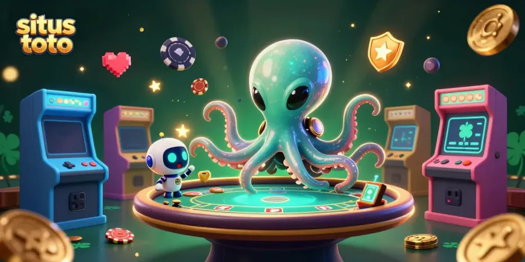 Engaging scene of the situs toto alien octopus playing poker at a vibrant arcade.