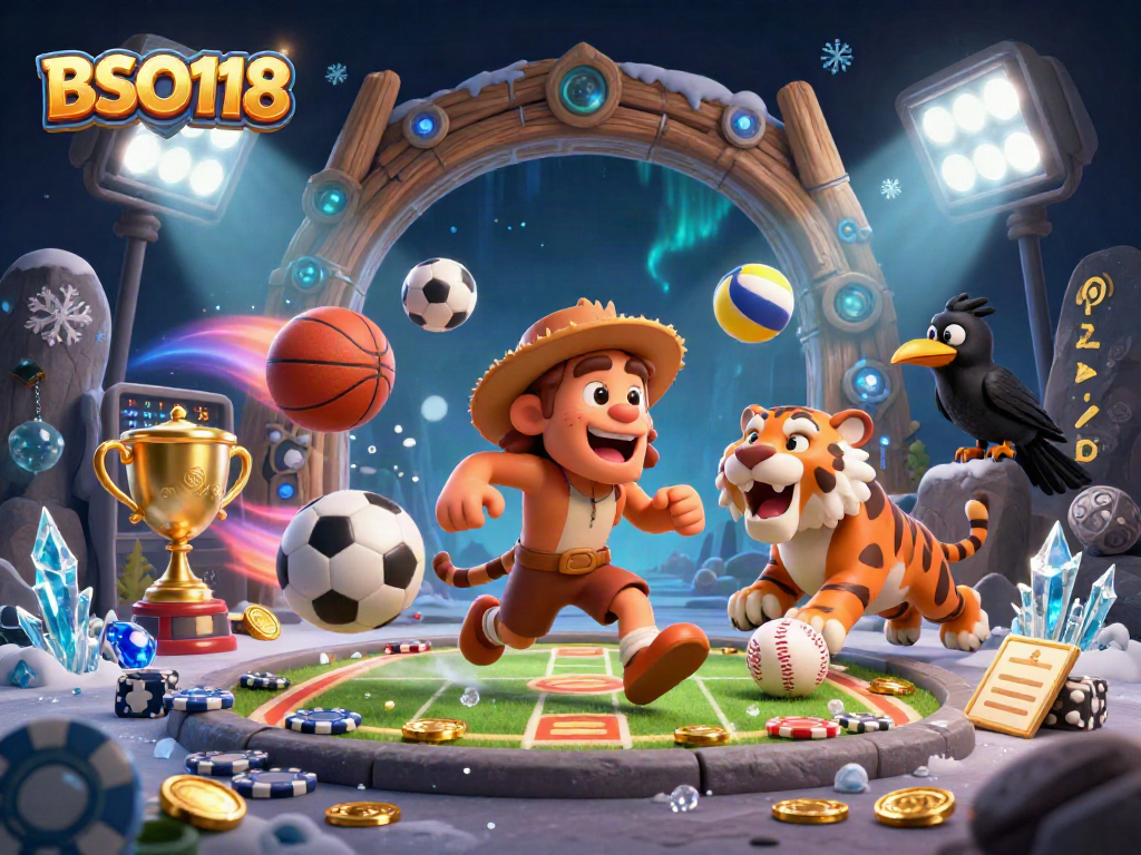 Experience the thrill of sports betting with BSO118 at a prehistoric themed casino, featuring energetic 3D characters.
