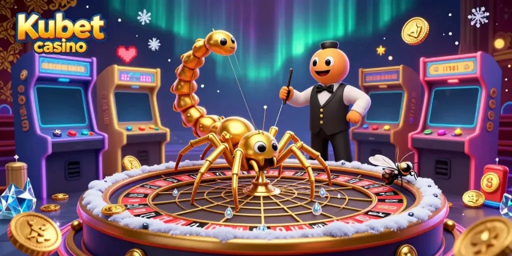 Experience the excitement of Kubet casino with a dynamic illustration of a roulette wheel and vibrant game elements.