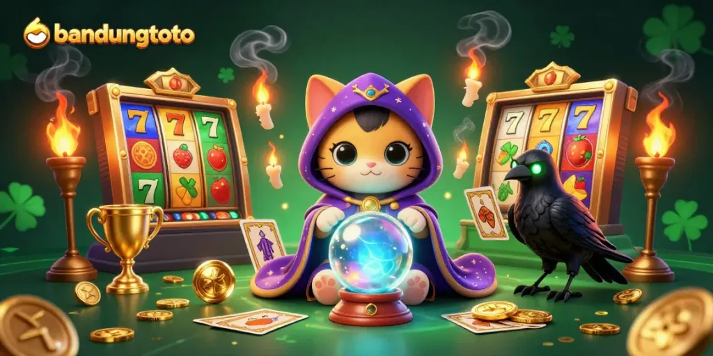 Experience the excitement of bandungtoto slots with an illustrated mystical cat and a raven in action.