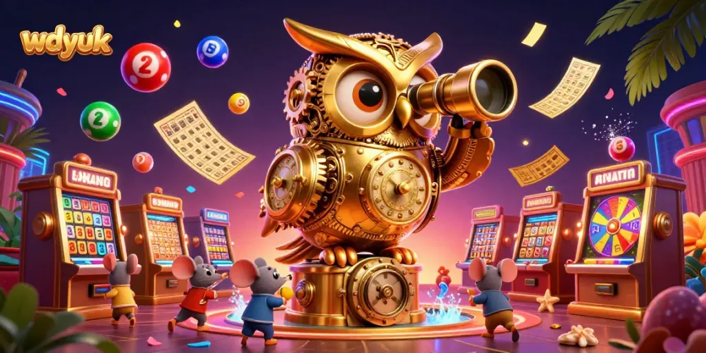 Celebrate wins at wdyuk with a vivid illustration featuring a golden owl surveying an exciting casino scene filled with dynamic lottery activities.