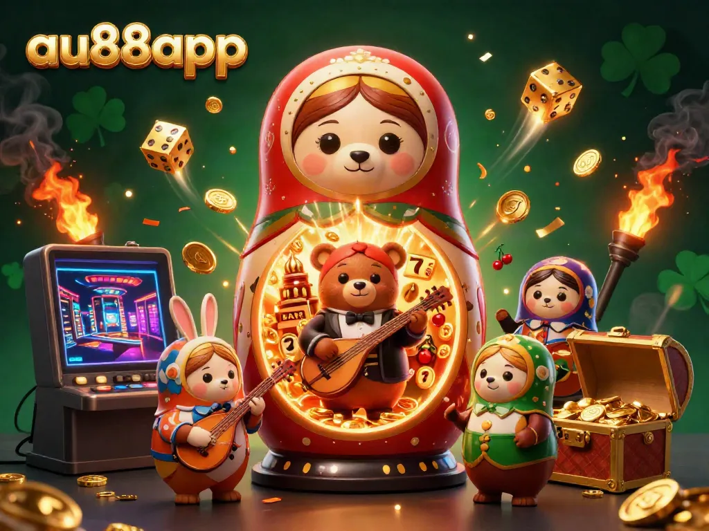 Experience the thrill of au88app with dynamic elements like golden coins and slot machines.