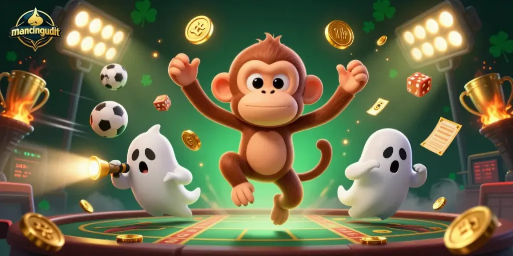 Engage with mancingduit in a vibrant scene featuring a playful monkey juggling golden casino items.