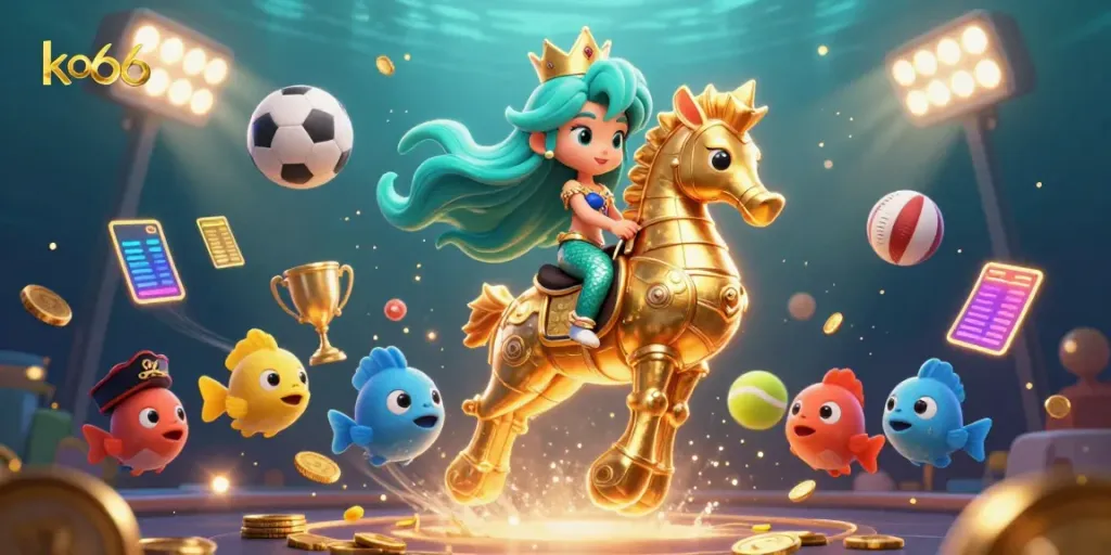 Engage with ko66's vibrant underwater casino world, featuring a joyful mermaid on a seahorse amidst sports-themed excitement.