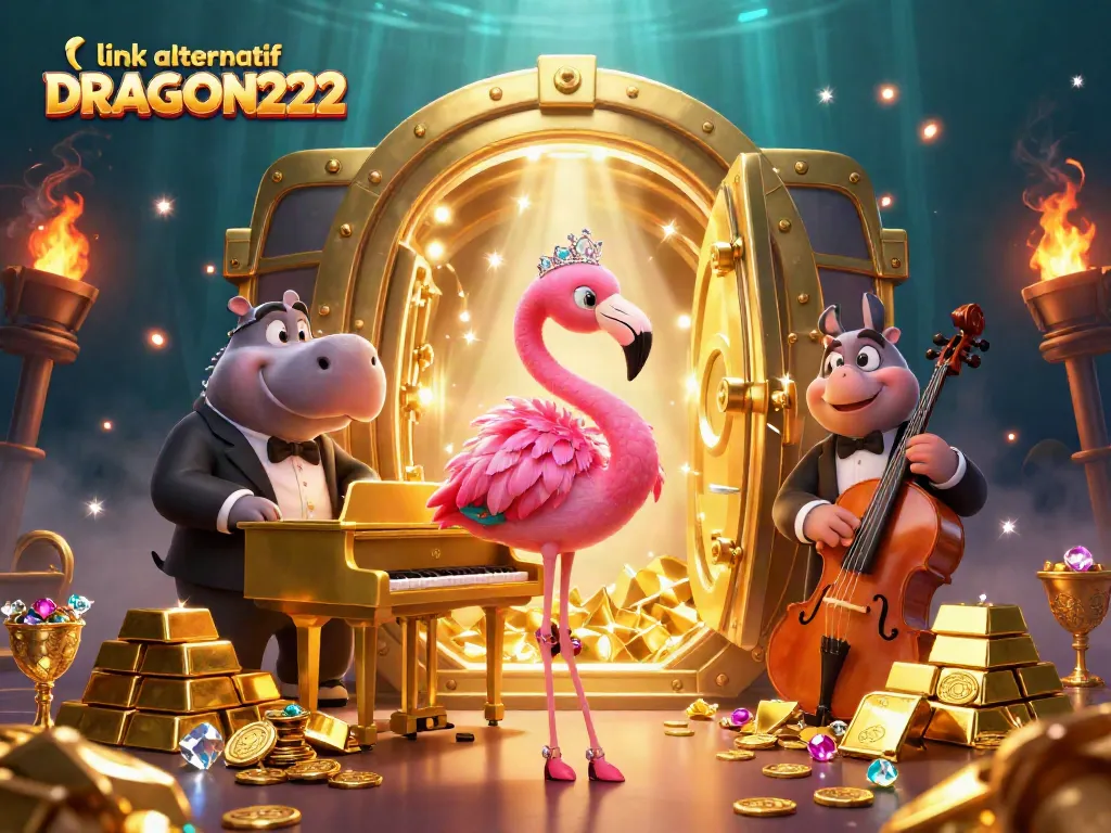 Spin and win with the link alternatif DRAGON222, showcasing vibrant casino elements and lively characters.
