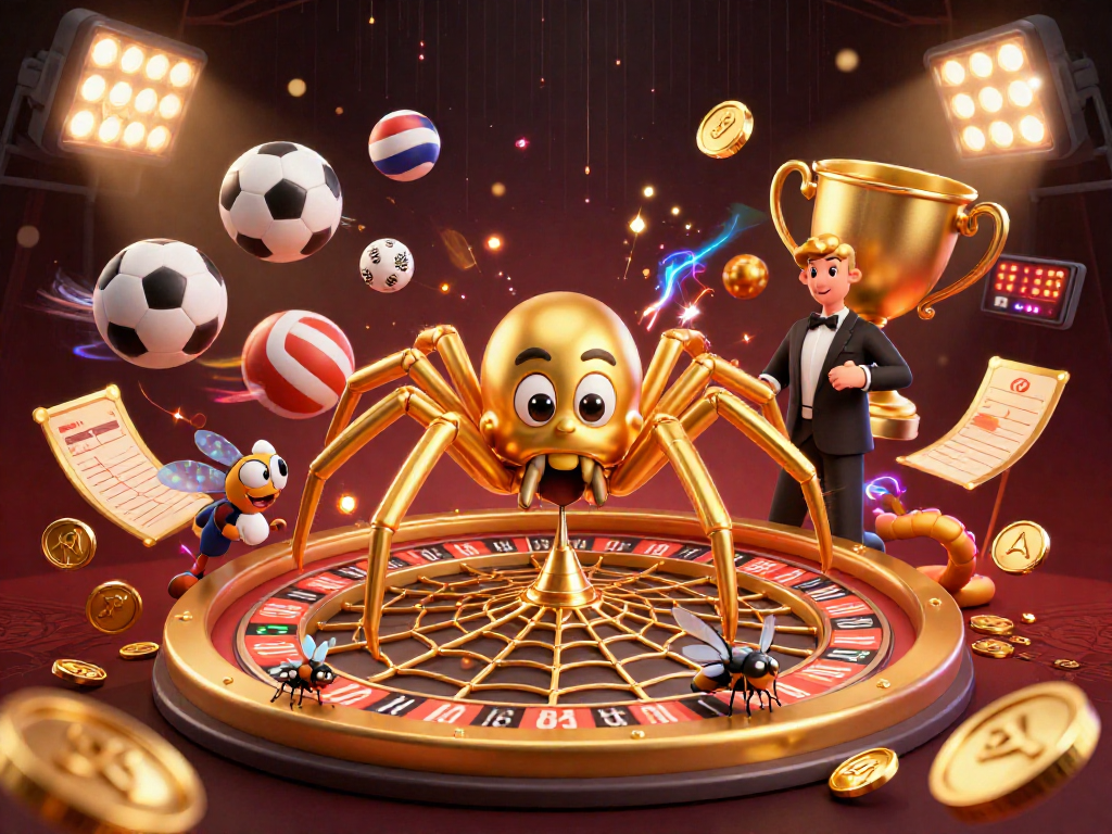 VND88 offers a thrilling gaming experience as a fly places bets amid a spider's golden web of roulette.