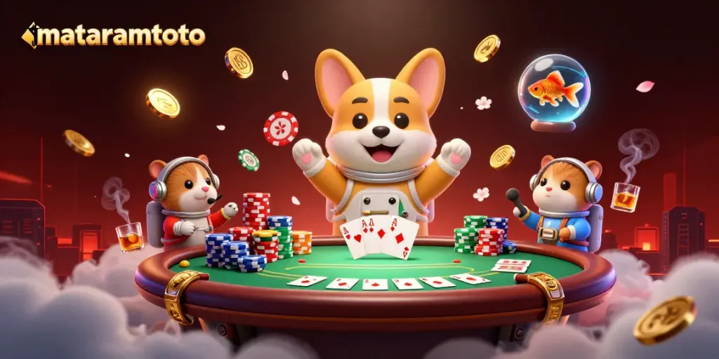 Experience excitement with mataramtoto as the astronaut corgi plays in a vibrant casino scene floating with poker chips.