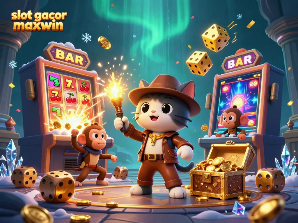 Engage in thrilling slot gacor maxwin gameplay with an adventurer cat and magical casino elements.