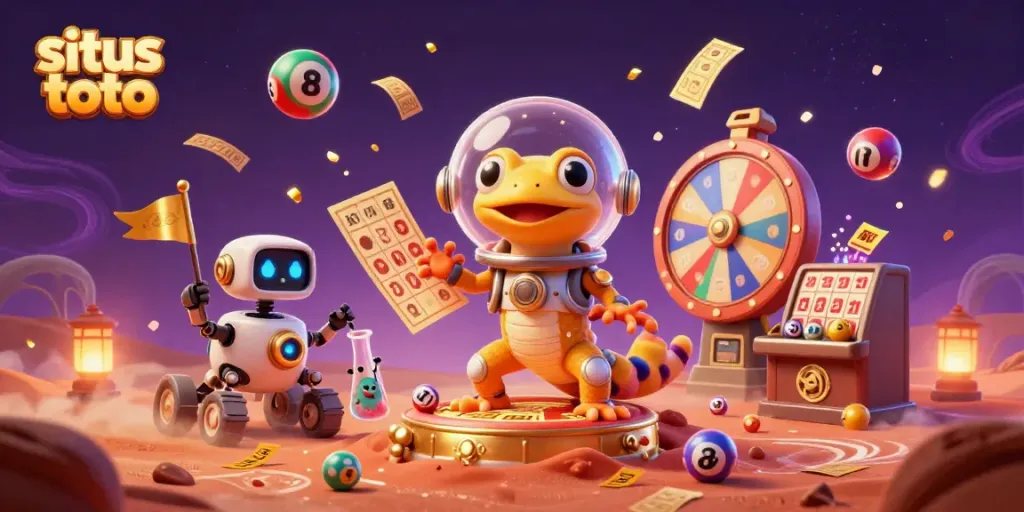 Experience winning thrills at situs toto with vibrant lottery and casino scenes featuring dynamic characters.