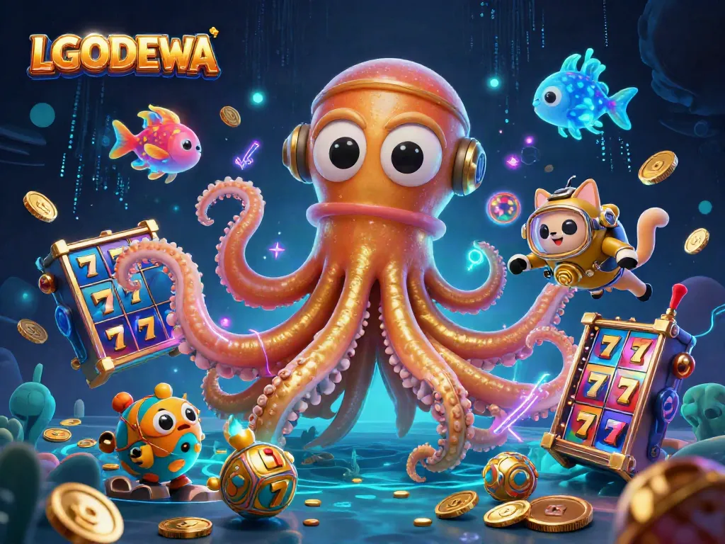 Experience thrilling slots with LGODEWA featuring a mythical kraken and vibrant gaming elements.