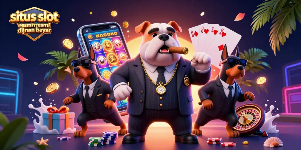 Engage with situs slot resmi dijamin bayar as mafia-inspired characters celebrate winning in a vibrant casino scene.