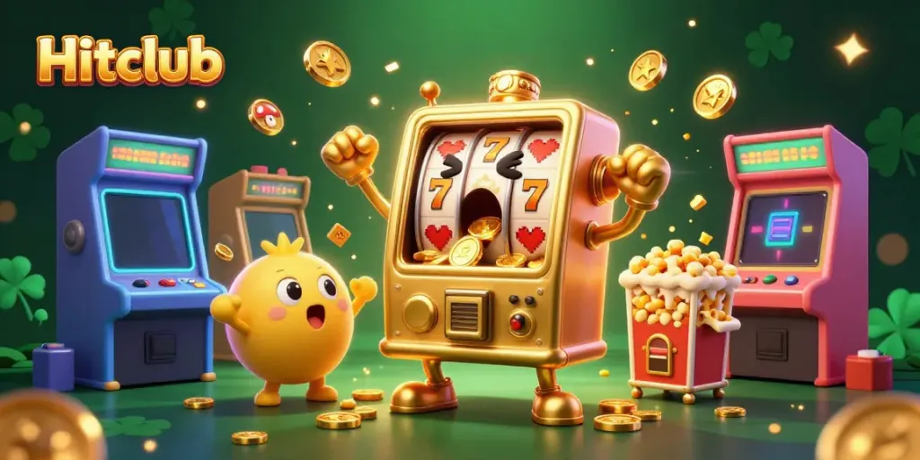 Hitclub celebrates with a cartoon slot machine hitting a jackpot, surrounded by colorful game elements.