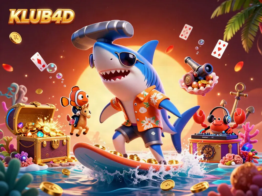 Ilustrasi kasino digital KLUB4D menampilkan hiu surf di lautan koin emas dengan elemen slot dan permainan.