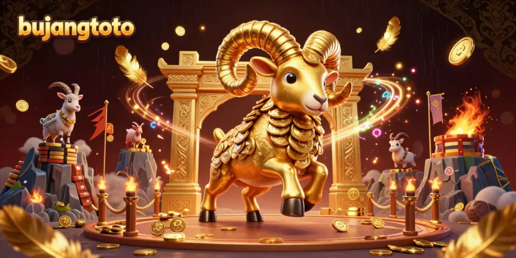 Experience the thrill of bujangtoto with a charging golden ram amidst a vibrant casino scene.