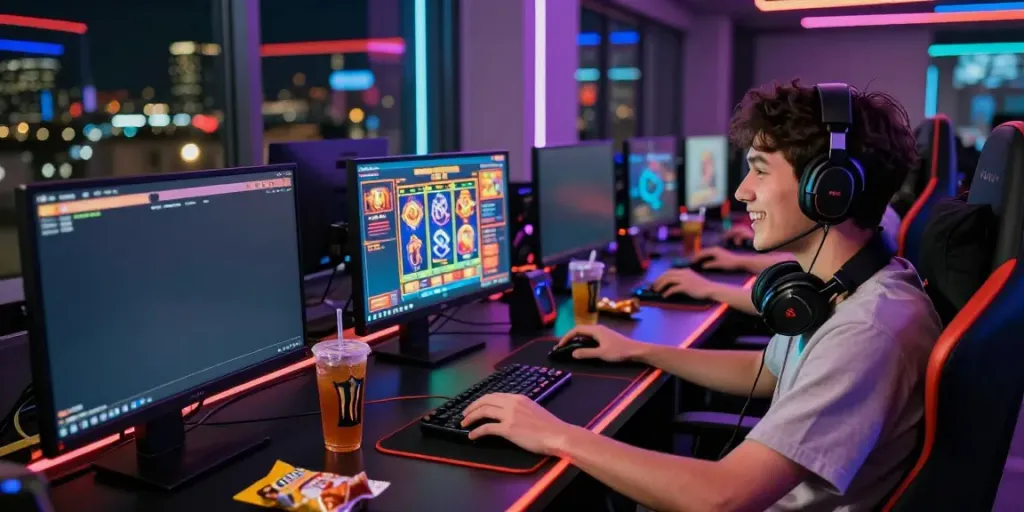 Engaged player enjoying cikaslot online gaming with vibrant visuals at their gaming setup.