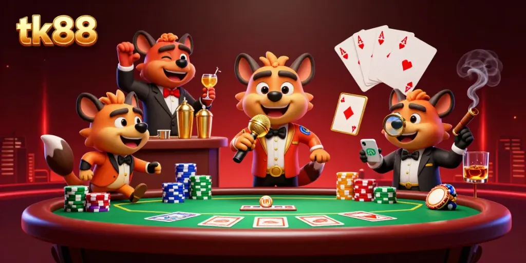 Engage in the vibrant tk88 casino scene featuring comedic hyenas delivering entertainment.