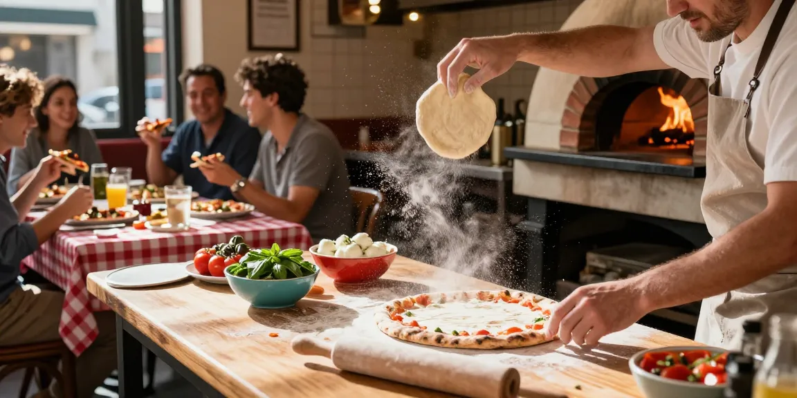 Chef crafting pokemontoto pizza with ingredients in a sunny pizzeria.