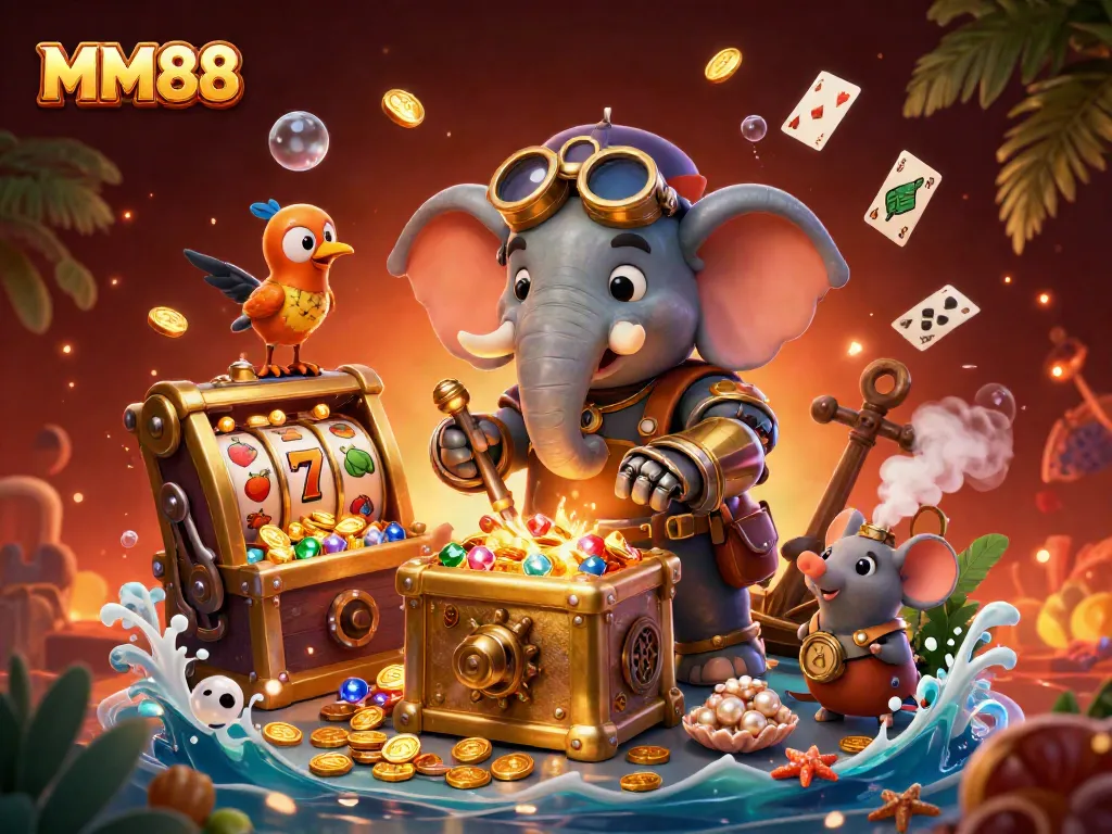 Experience exciting MM88 slots and jackpot thrills in this vibrant steampunk casino scene.