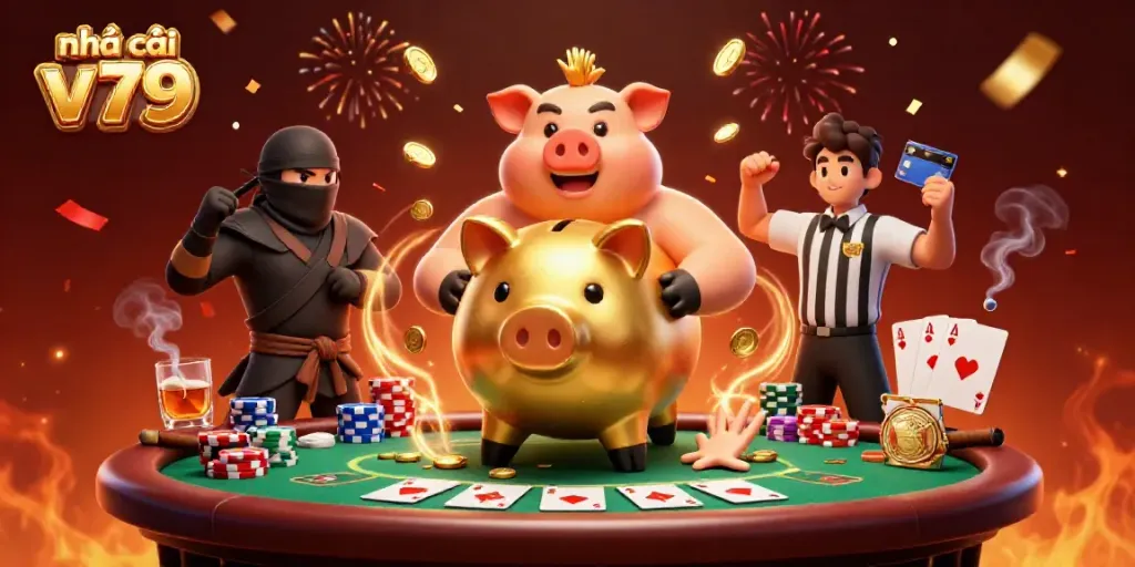 Engaging scene of nhà cái v79 with a golden piggy bank sumo wrestler and poker elements illustrating casino excitement.