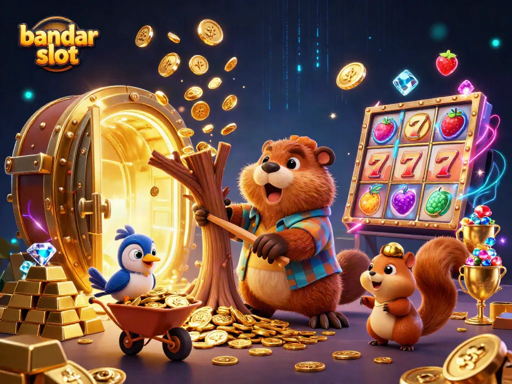 Bandar slot meriah dengan karakter kartun dan simbol permainan kasino yang spektakuler.