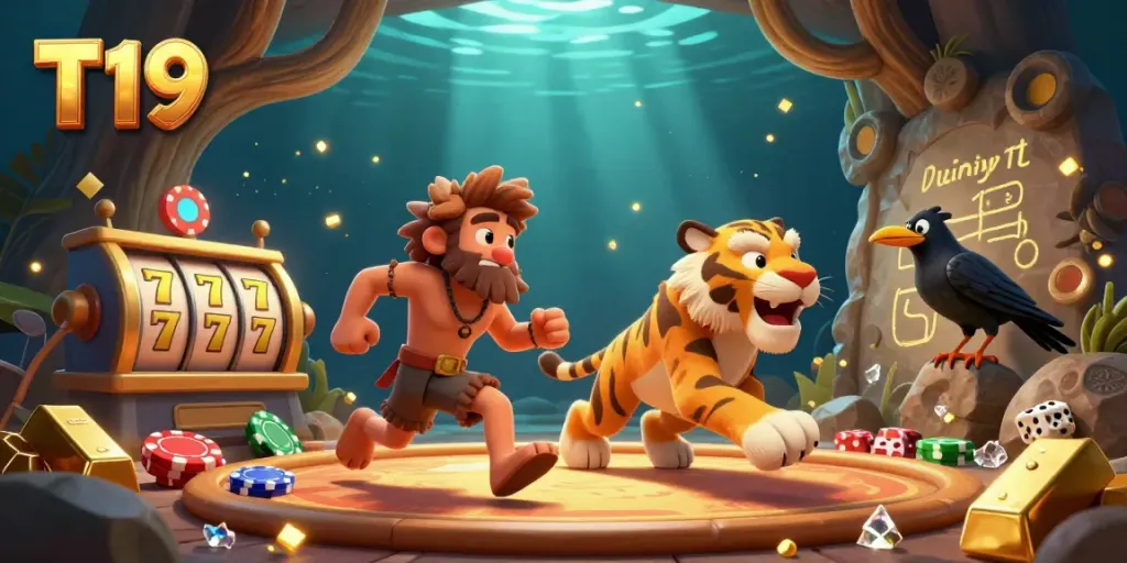 Engage in exciting gameplay at T19's prehistoric casino featuring vibrant characters and slot elements.