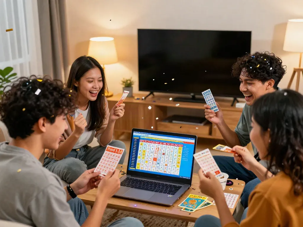 Grup teman merayakan kemenangan dewitogel sambil melihat angka di laptop.
