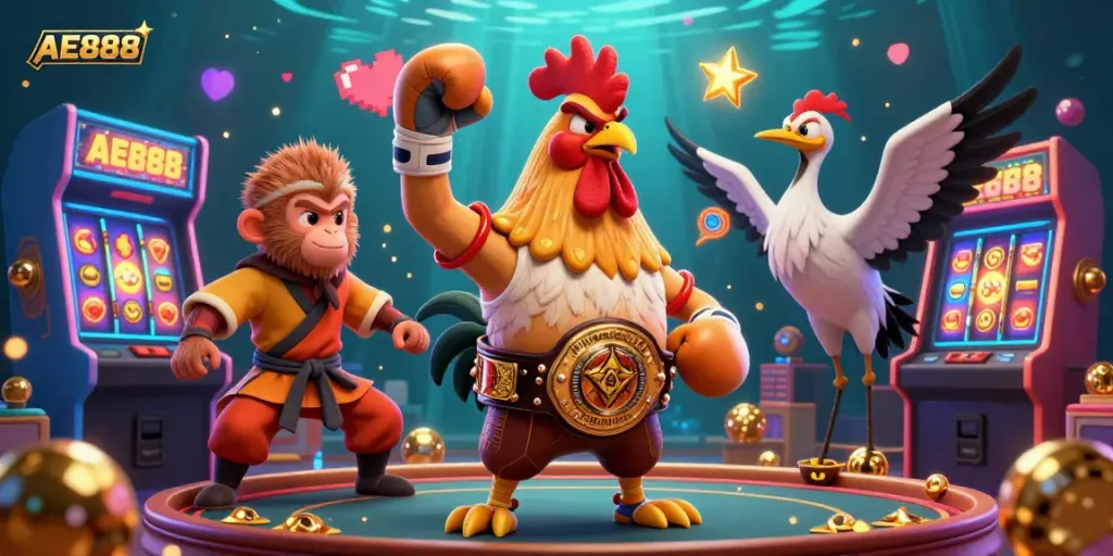 Experience the excitement of AE888 with vibrant characters and casino elements in a rich 3D scene.
