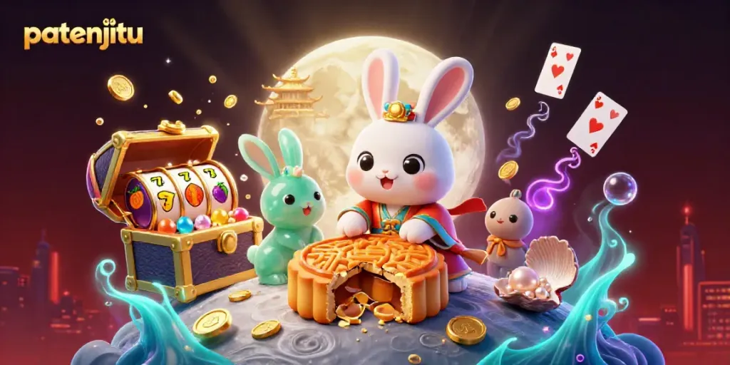 Melihat patenjitu yang menampilkan kelinci bulan 3D memainkan poker dan slot dalam ilustrasi kasino bertema bulan.