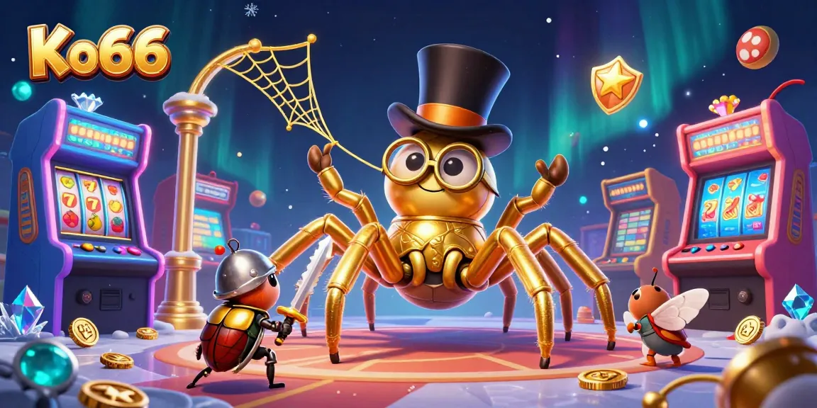 Experience thrilling action at Ko66 with a majestic golden tarantula and knight, surrounded by dazzling game elements