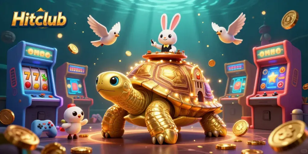 Engage with Hitclub's exciting casino experience illustrated by a vibrant 3D scene filled with gaming elements.