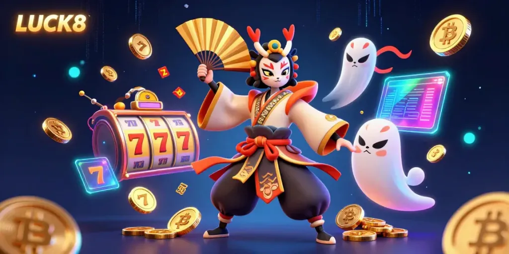 Experience exciting LUCK8 gaming with colorful slot reels and vibrant casino elements in a dynamic scene.