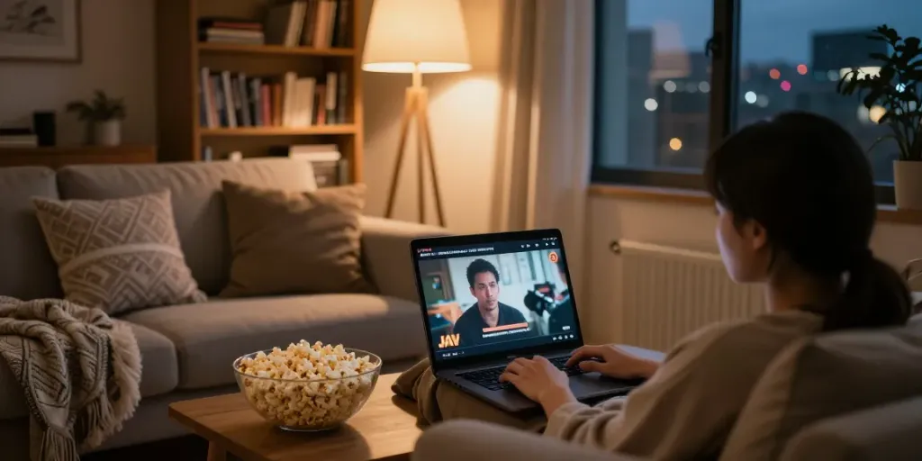 Menonton film JAV sub indo di ruang tamu yang nyaman dengan popcorn.