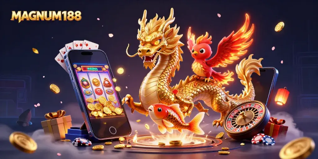 Experience thrilling wins with MAGNUM188, featuring a dragon, phoenix, and koi amidst dynamic casino elements.