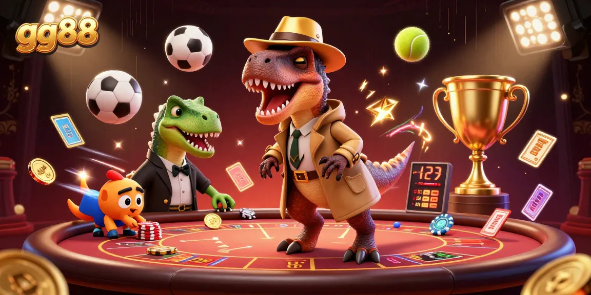 gg88 casino scene with a cartoon velociraptor card counter and stegosaurus pit boss amidst dynamic sports elements.