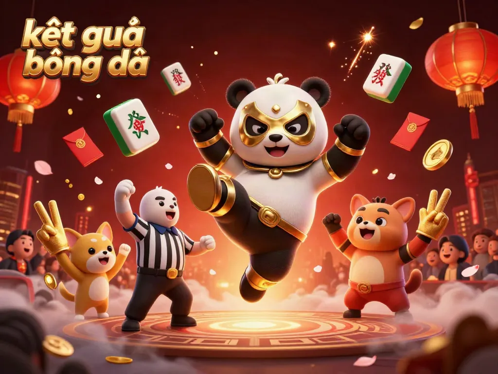 Capture the excitement of kết quả bóng đá with a 3D scene featuring a panda wrestler and cheering audiences amidst vibrant casino elements.