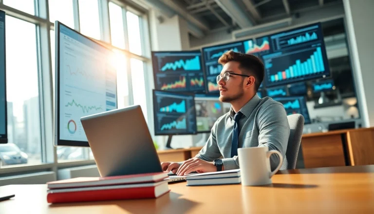 Engaging digital marketing professional analyzing strategies in a dynamic workspace.