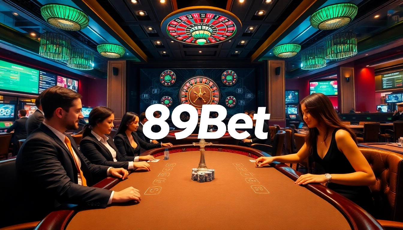 Betting excitement at 89Bet casino with poker tables and roulette wheels.