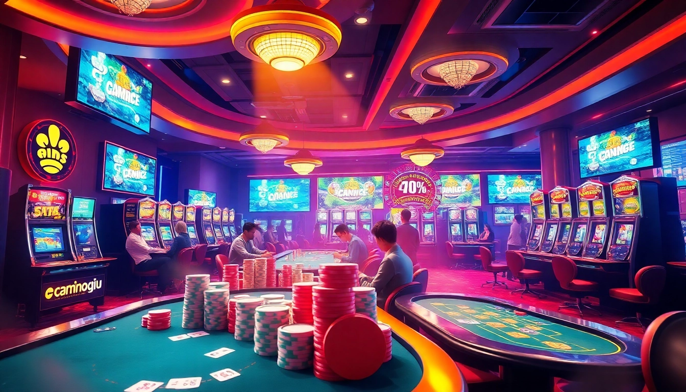 Players enjoying high-stakes gaming at Dominoqiu with vibrant slot machines and poker tables.