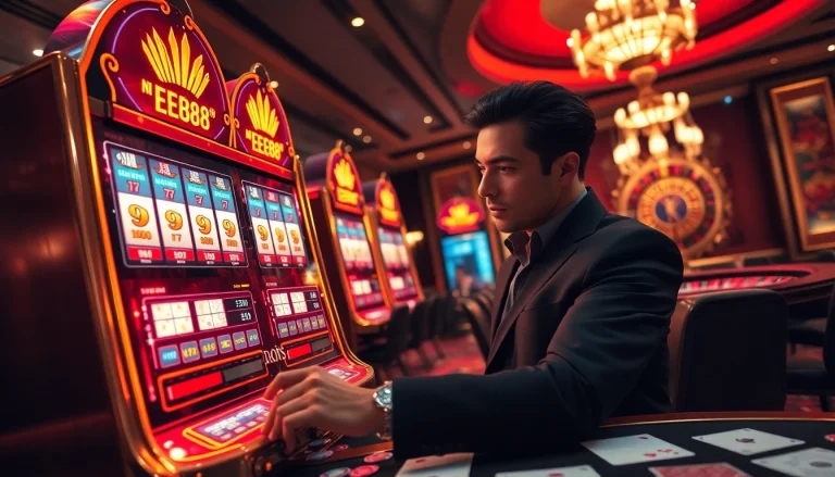 Nổ hũ ee88 slot machine surrounded by chips and cards in an exciting casino environment.