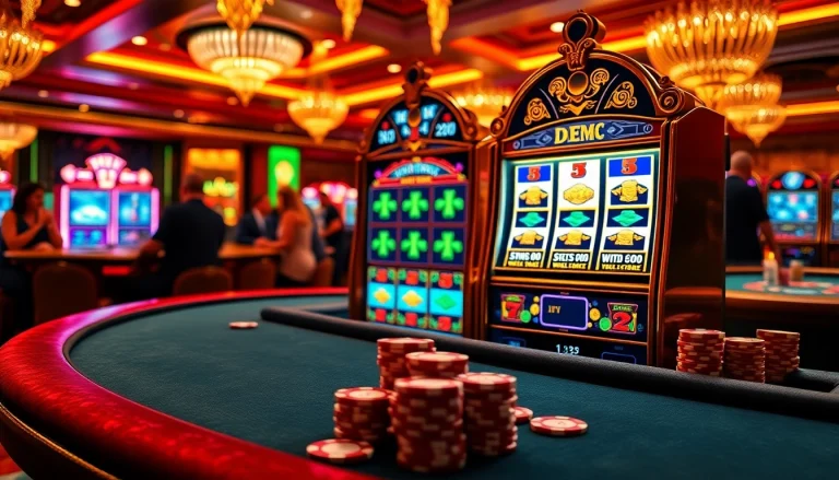 Experience the excitement of slot demo play with a luxurious casino setting showcasing vibrant slot machines and poker chips.