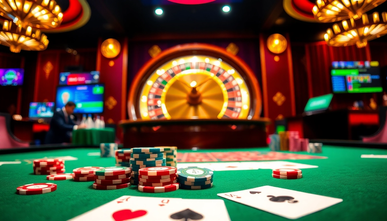 Engaging casino scene featuring luck88 com inspired poker table action and roulette excitement.