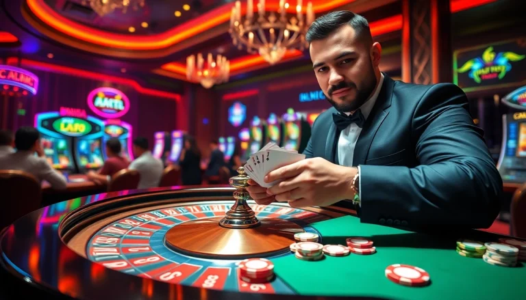 NAGA1001 players enjoying a thrilling casino experience with roulette tables and vibrant slot machines.