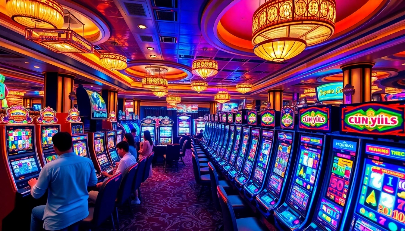 Excited players enjoying nổ hũ xn88 slot games in a vibrant casino atmosphere.