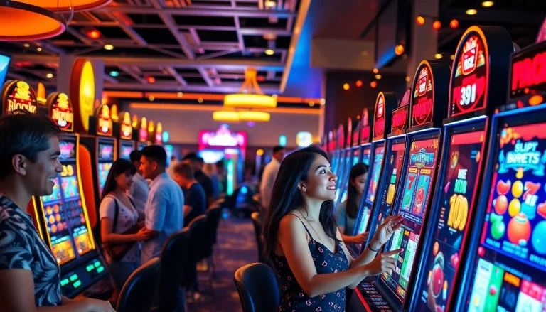 Players enjoying vibrant slot machines in a modern casino, highlighting excitement and community.