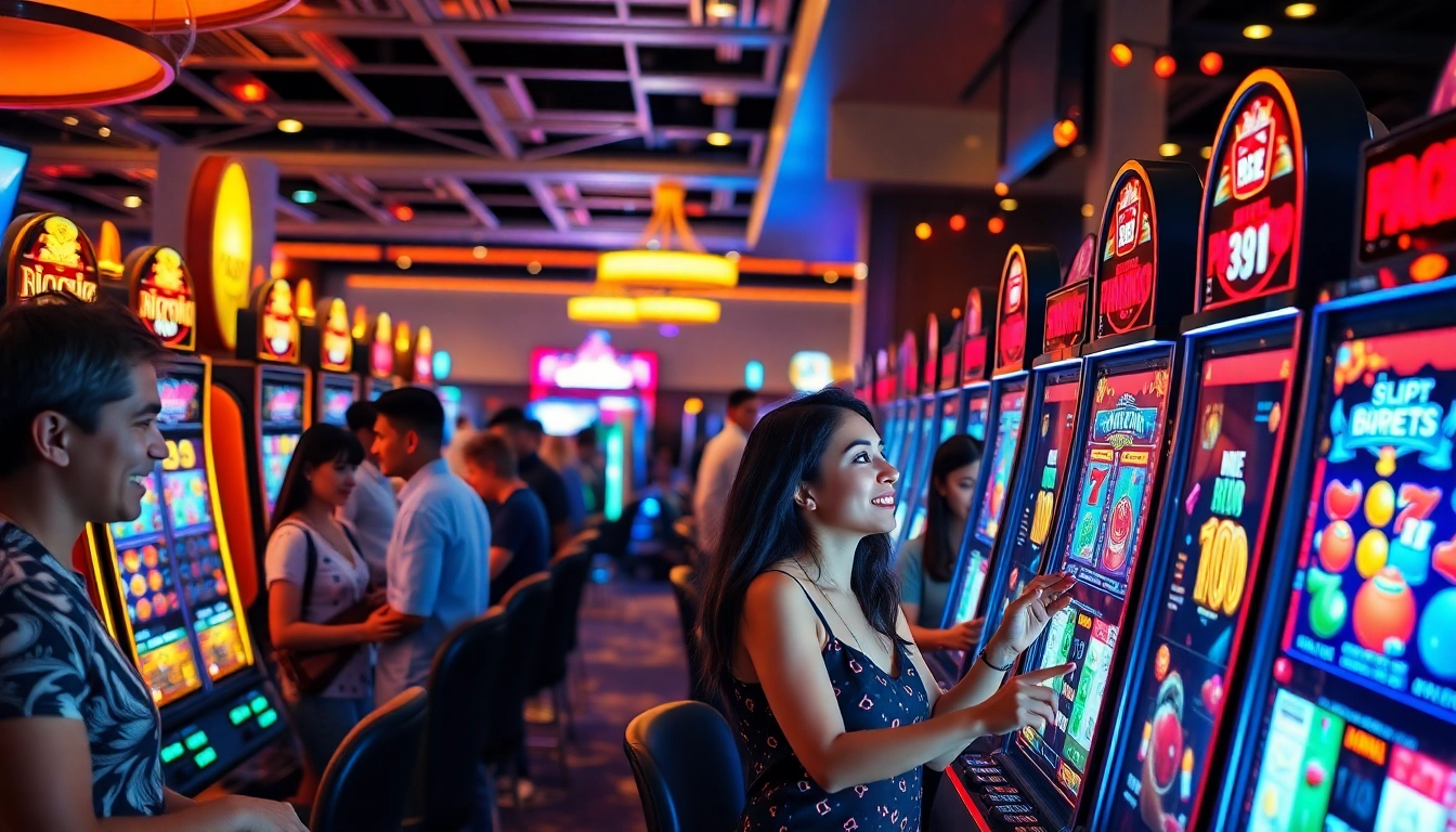 Players enjoying vibrant slot machines in a modern casino, highlighting excitement and community.