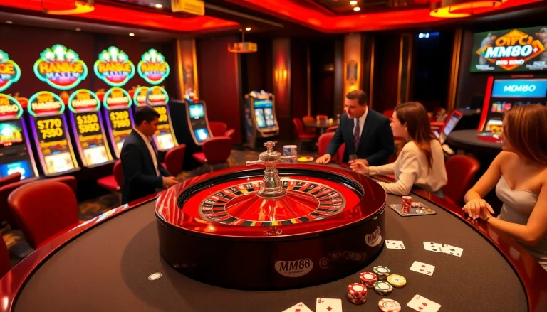 Experience the thrill of MM88 gaming with a roulette wheel, poker chips, and elegant players.